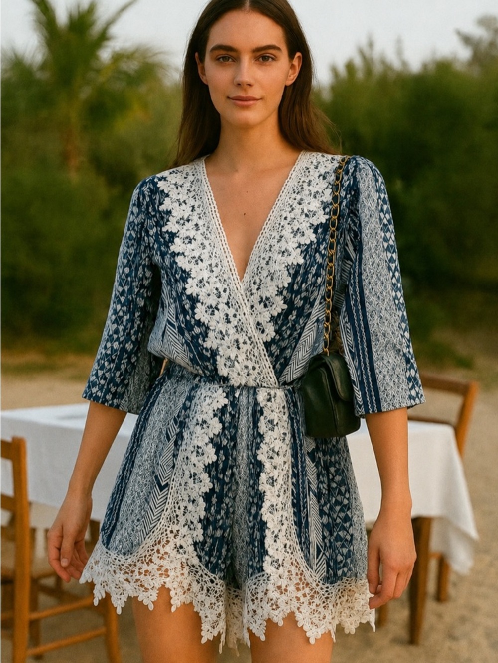 California Moonrise | Blue and White Patterned Romper with Crochet Lace Trim